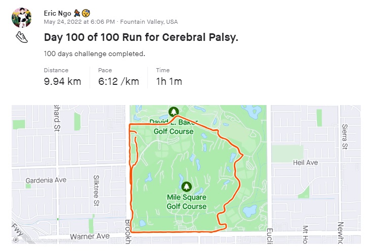 Ngày chạy thứ 100 liên tiếp Eric Ngô (tối thiểu khoảng 5km)